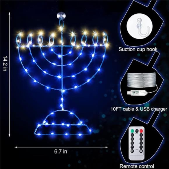Traditional Hanukkah LED Window Decorations Lights, Remote Control 8 Modes - Picture 6 of 6